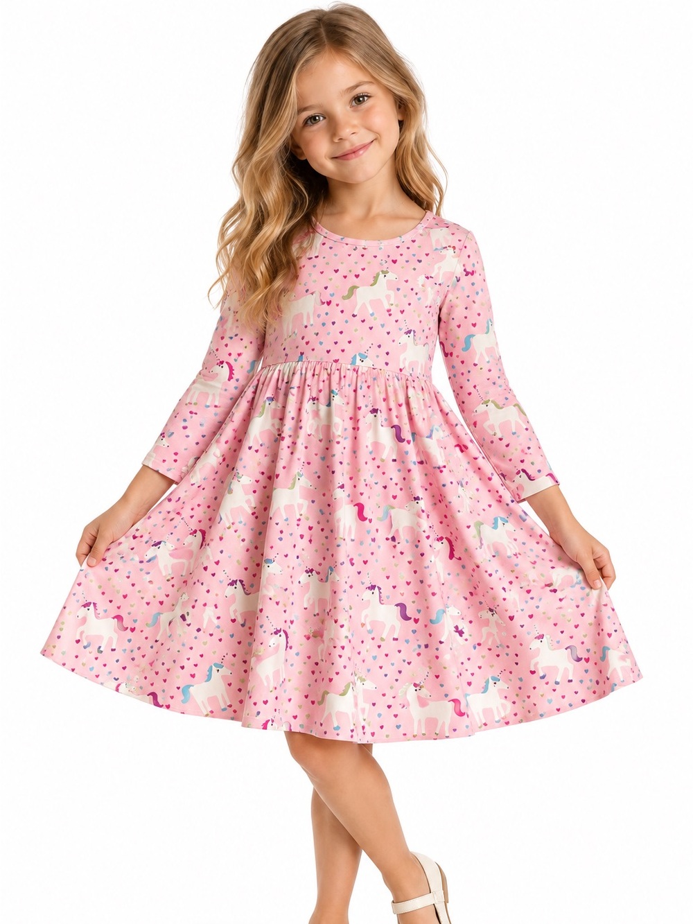 Funnycokid Pink Unicorn Print Long Sleeve Dress - M